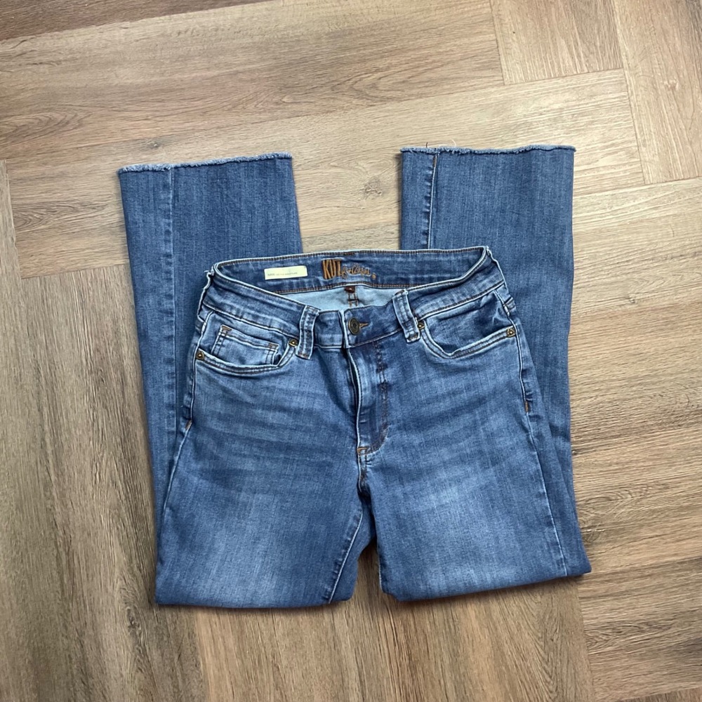 KUT from the Kloth Nikki Mid Rise Raw‎ Hem Ankle Flare Jeans Womens 6 Blue Boho